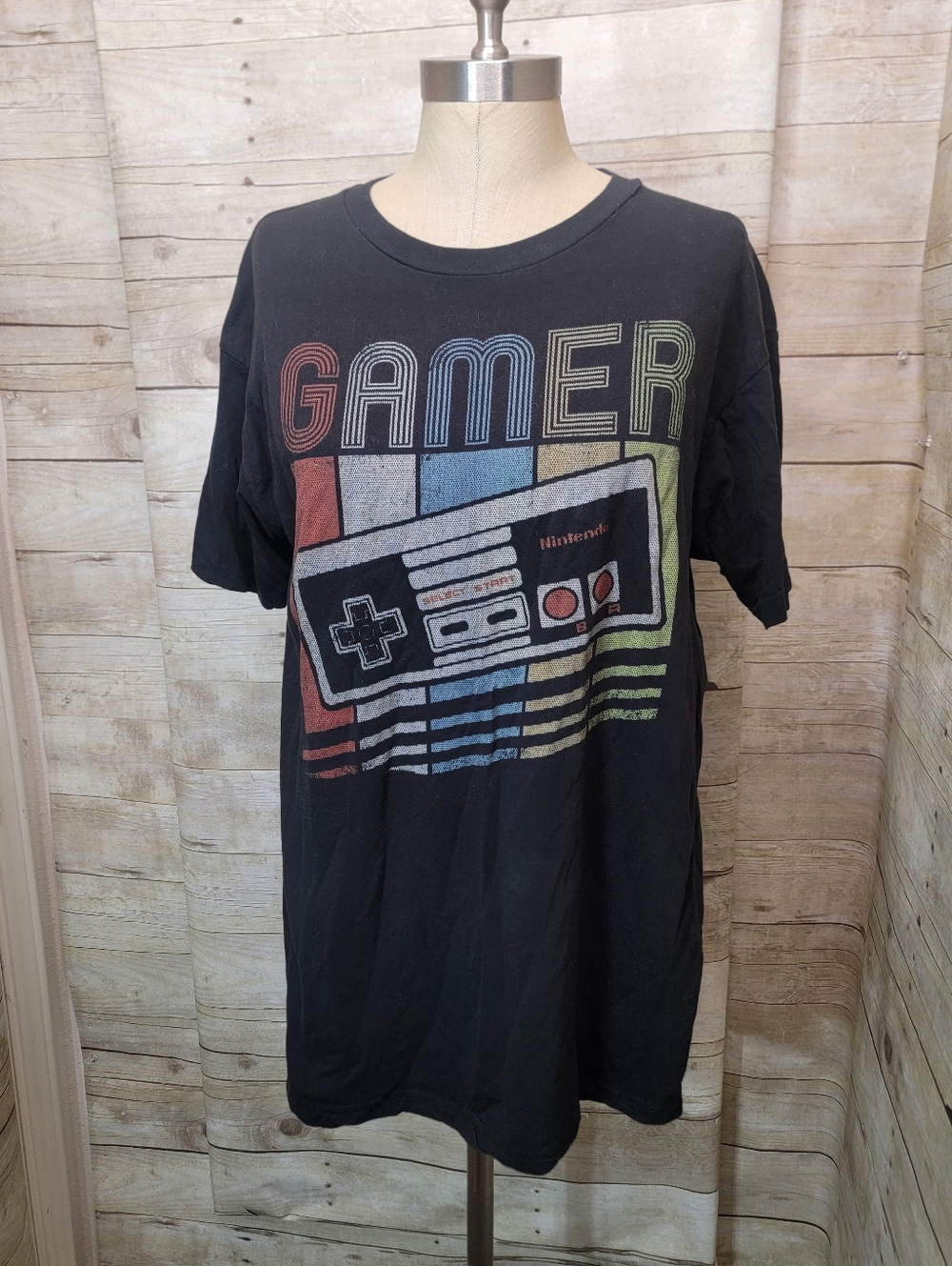 Black Gamer Tee with Retro Multicolor NES Controller Graphic